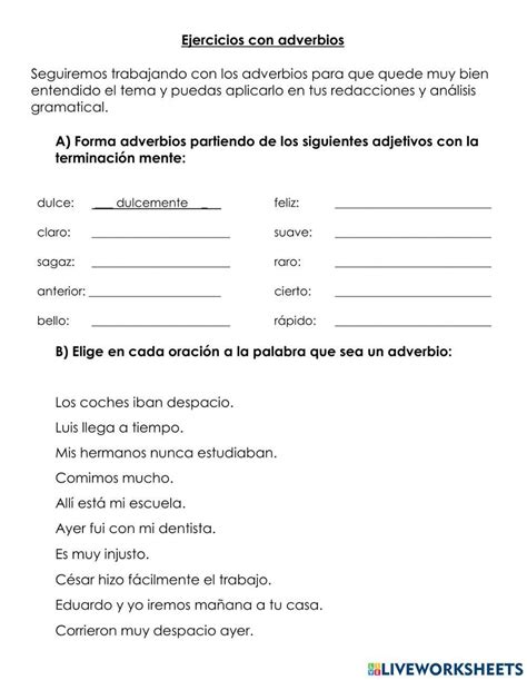 Ejercicios De Adverbios Worksheet Live Worksheets