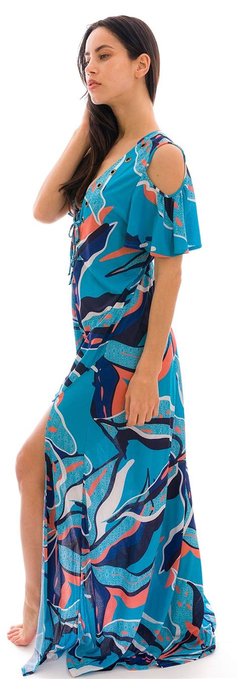 Long Beach Dress With Laced Neckline And Blue And Pink Print Saida
