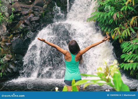 Hawaii Travel Nature Waterfall Woman Hiker At Canyon Trail Waipoo Falls