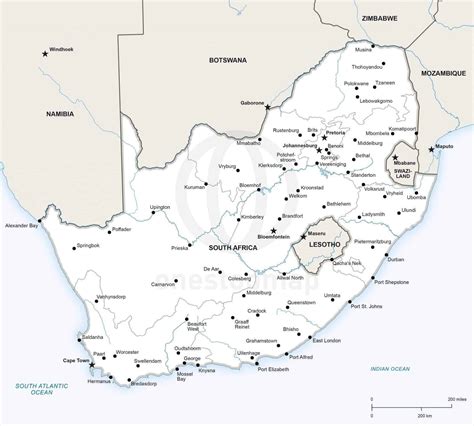 Physical map of south africa showing major cities, terrain, national parks, rivers, and surrounding countries with international borders and outline maps. Vector Map of South Africa political | One Stop Map