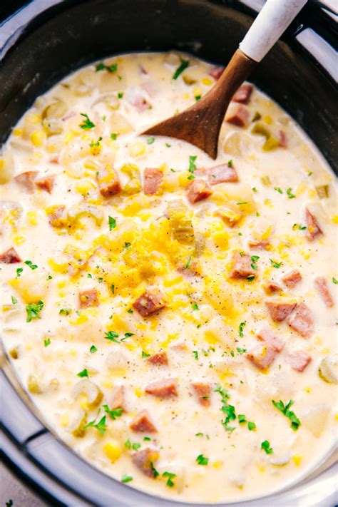 Crock Pot Cheesy Ham And Potato Soup The Food Cafe Just Say Yum