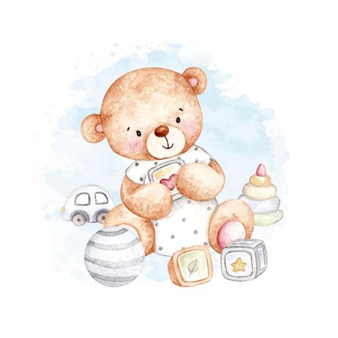 Premium Vector Watercolor Cute Teddy Bear With Toys