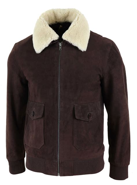 Mens Real Suede Varsity Bomber Jacket with Removable Collar - Brown 