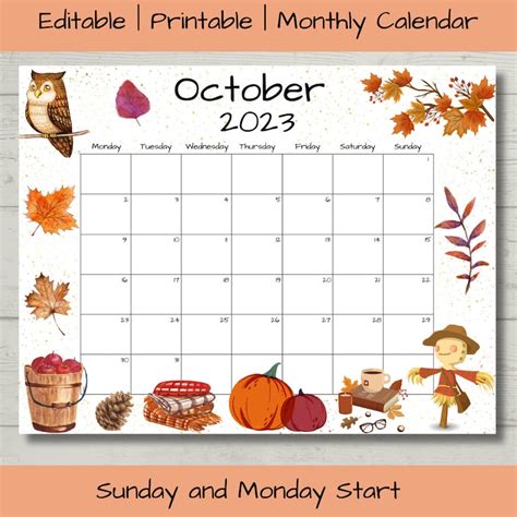 Editable October 2023 Calendar October 2023 Calendar Etsy