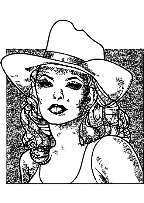 Coloring Page Halftone Shading Style Cowgirl Pinup Girl Porn Star Style Hyper Realistic