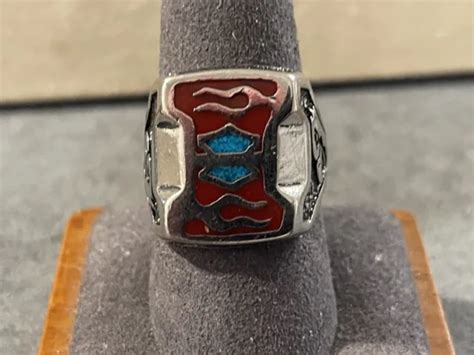 Vintage Native Stainless With Crushed Coral And Turquoise Ring Size