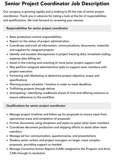 Senior Project Coordinator Job Description Velvet Jobs