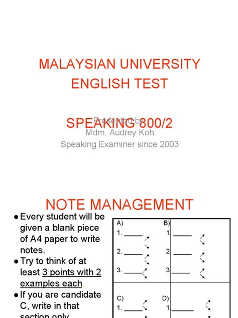 This test is used to gauge the students command over english. MUET-Notes for Speaking test | Cognition | Psychology ...