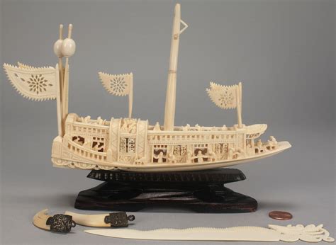 Lot 22 4 Pcs Chinese Ivory Including Carved Ship