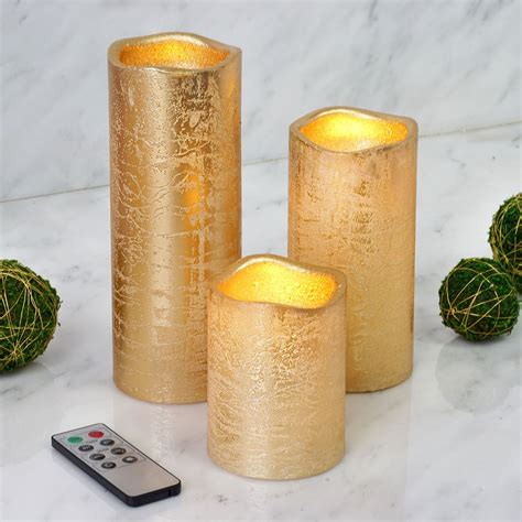 Set Of 3 Metallic Gold Flameless Candles Battery Operated Led