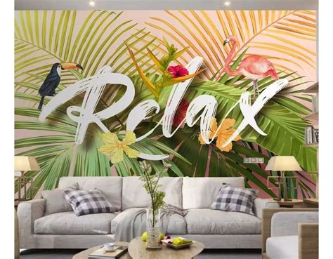 Pink Flamingo With Colorful Tropical Leaves Wallpaper Mural Tropical