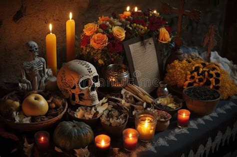 Day Of The Dead Altar Filled With Offerings For The Deceased Stock
