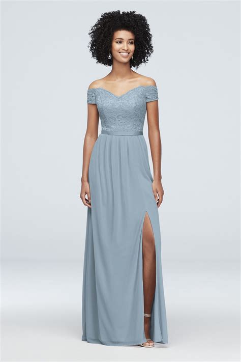 Off The Shoulder Lace And Mesh Dusty Blue Bridesmaid Dress Deer Pearl Flowers