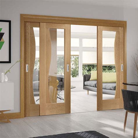 Three Sliding Doors and Frame Kit - Emilia Oak Flush Door - Stepped Pa