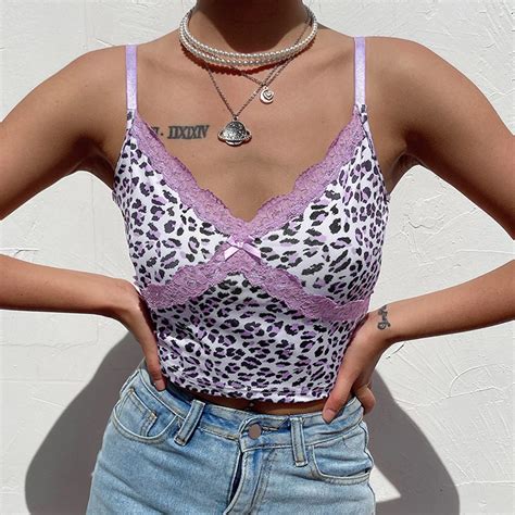 dossni women clothes leopard print crop tops criss cross lace front camis tops punk style