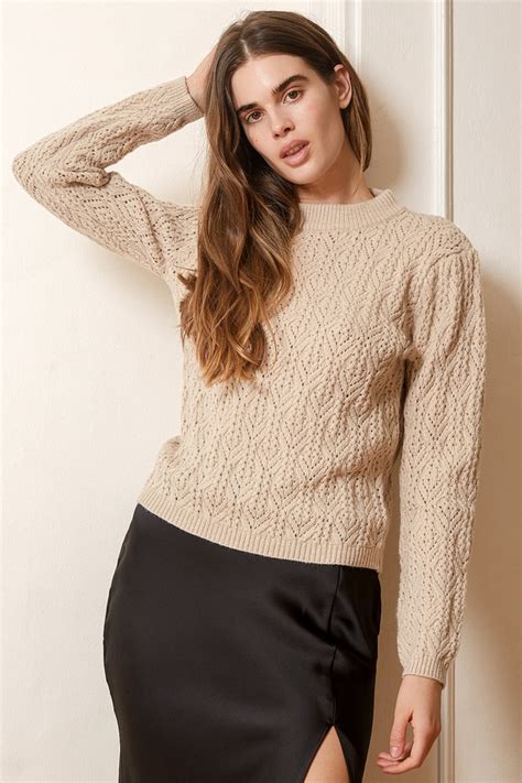Beige Sweater Pierced Pointelle Sweater Knit Sweater Lulus