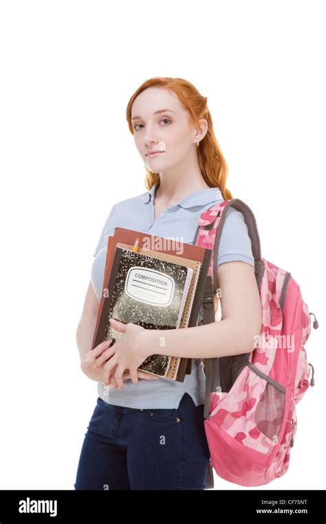 Friendly Caucasian High School Girl Student Standing With Backpack And