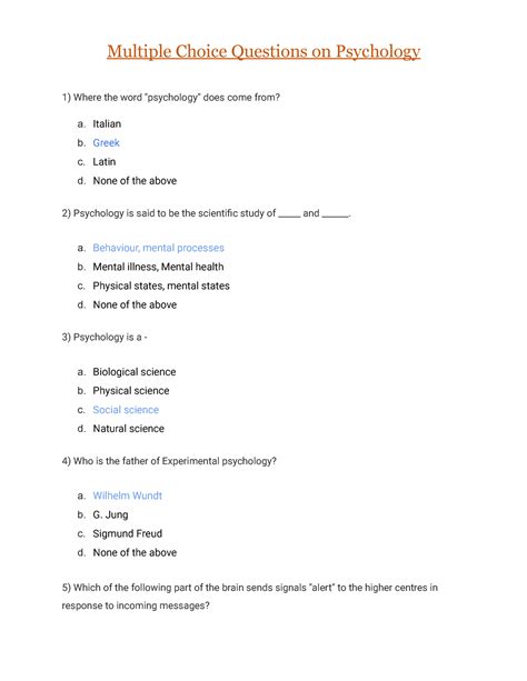 Questions On Psychology Multiple Choice Questions On Psychology Where