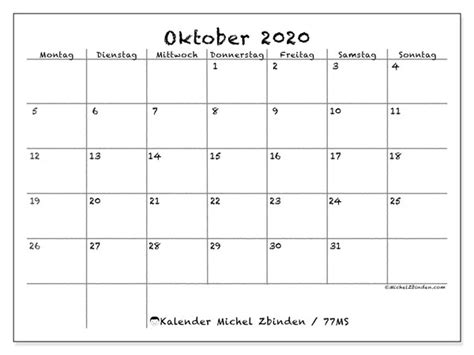 Kalender 2021 kostenlos downloaden und ausdrucken. Kalender Oktober 2020 - MS - Michel Zbinden DE