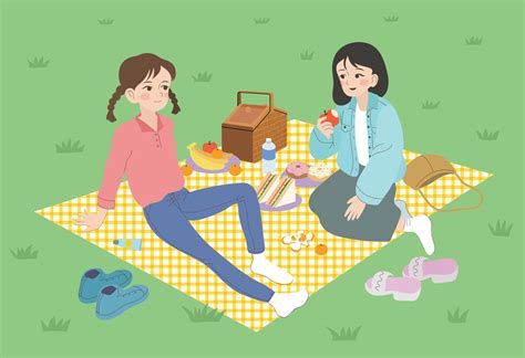 Two Friends Are Having A Picnic In The Park Hand Drawn Style Vector