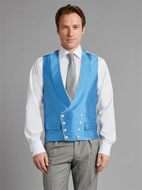 Oliver Brown Double Breasted Silk Waistcoat With Piping Blue Oliver