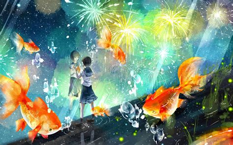 Schoolgirl Fireworks And Goldfish Wallpaper Pretty