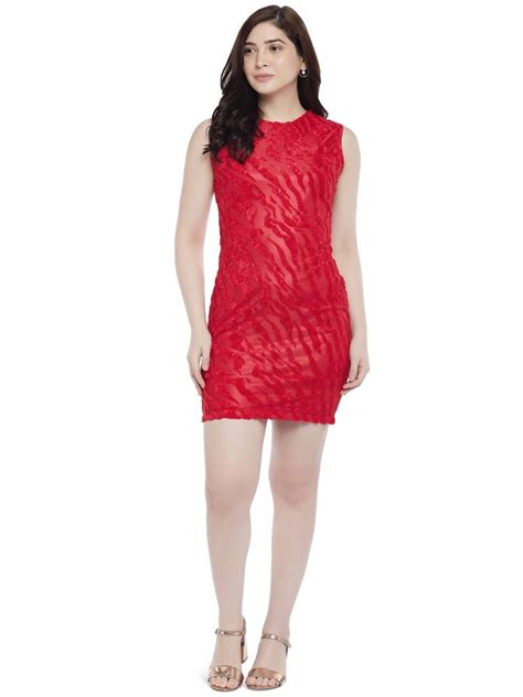 Animal Self Design Sleeveless Sheath Mini Dress In Red महिलाओं की