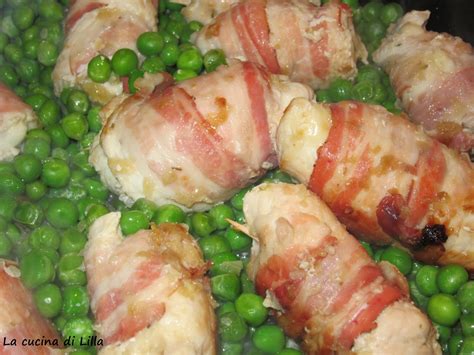 Un secondo piatto di carne facile e veloce, ideale per valorizzare le classiche fettine di manzo del supermercato. Secondi: Involtini con pancetta e contorno di piselli