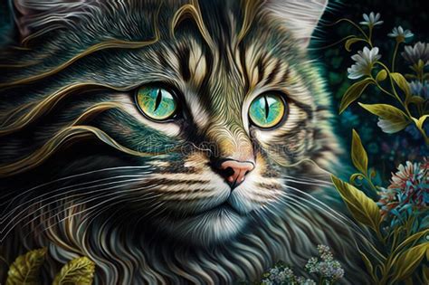 Painting Of Cat With Green Eyes Generative Ai Stock Image Image Of