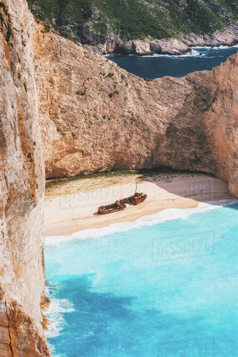 Zakynthos Island Greece Famous Navagio Beach With Shipwreck In Hot