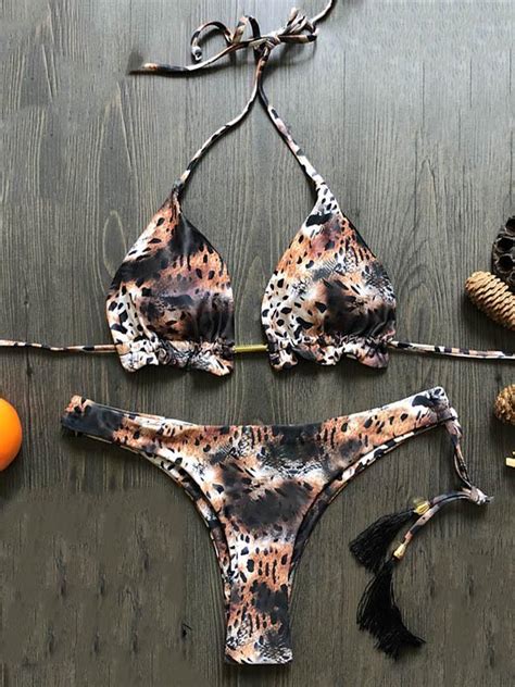 Leopard Print Tasseled Embellished Triangles Bandage Split Bikini Swimsuit