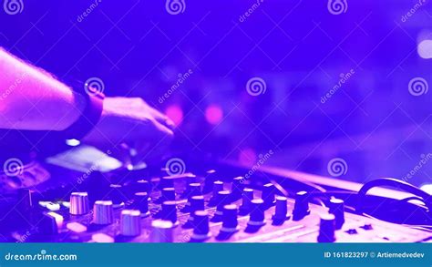 Dj Hands Control Sound Console For Mixing Music In Disco Club Fingers