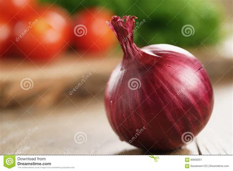 Head of Red Onion on Wooden Kitchen Table with Copy Space Stock Image