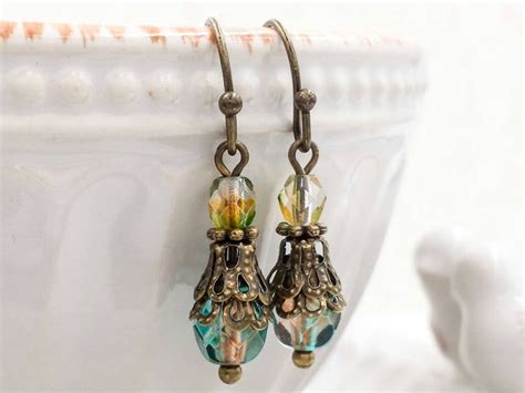 Teal Victorian Earrings Teal And Amber Czech Bead Earrings Etsy