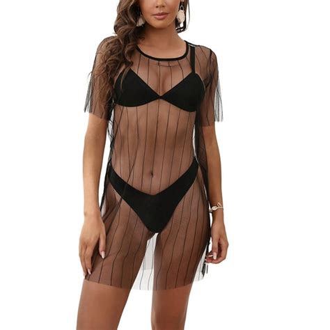 liacowi women s summer cover up dress short sleeve round neck sheer mesh bikini cover up beach