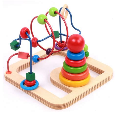 High Quality Baby Wooden Block Bead Maze With Colorful Rainbow Ring