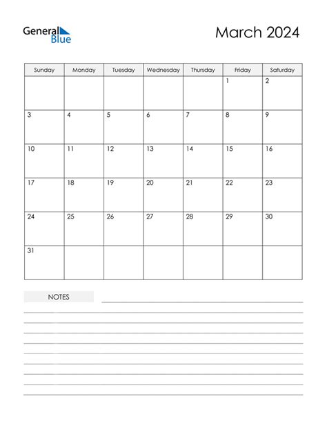 March Calendar 2024 With Notes 2024 Calendar Printable