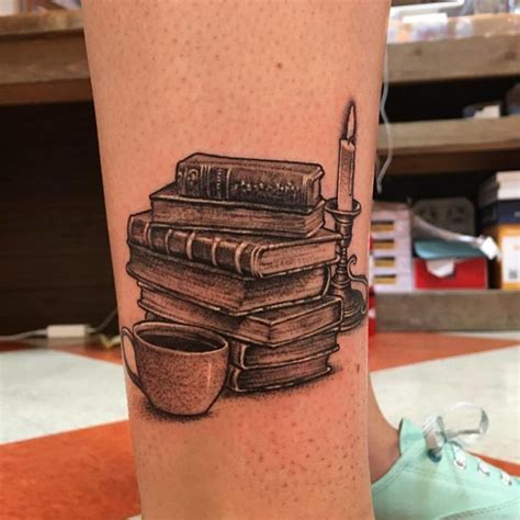 Quirky Stacked Book Tattoo With A Candle Beautytatoos Bookish