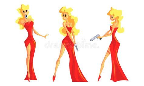 Blonde Woman In Red Dress Set Beautiful Female Secret Agent Vector Illustration Stock Vector