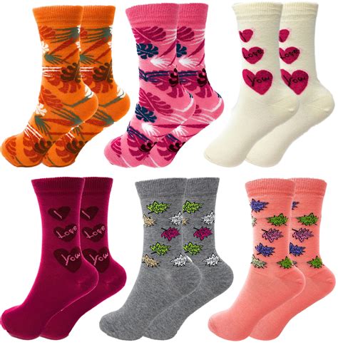 Combed Cotton Crew Socks For Women Colorful 6 Pairs Size 9 11 Design 1