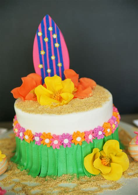 A One Tiered Hawaiian Themed Cake With Gum Paste Surf Board Hibiscus