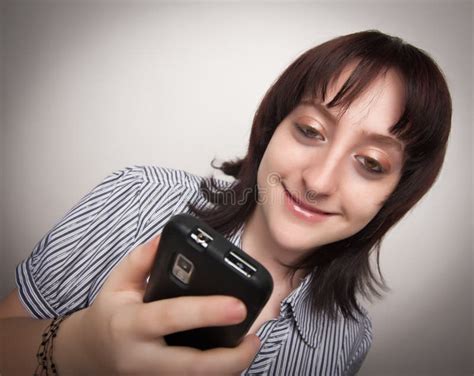 Smiling Brunette Woman Using Cell Phone Stock Image Image Of Mobile