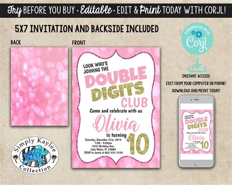 Double Digits Birthday Invitation Th Birthday Invitation Etsy