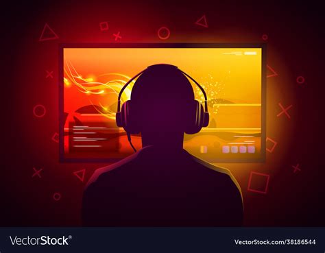 Gamer Kid Sit In Front A Screen And Play Games Vector Image