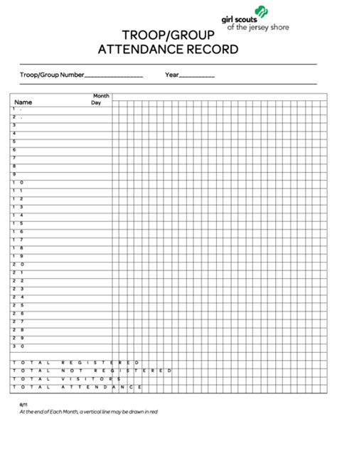 girl scouts troop group attendance record sheet printable pdf download