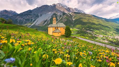 Meadow Church Houses Way Mountains Flowers Clouds For Phone