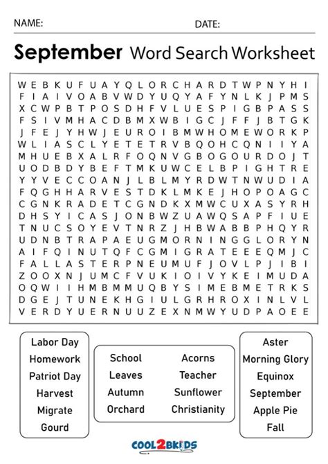 Printable September Word Search Cool2bkids