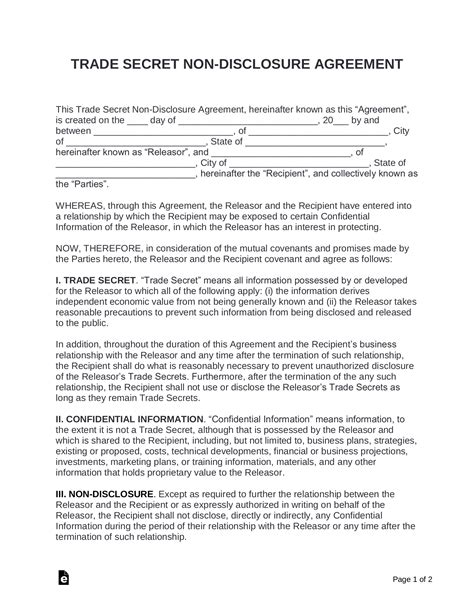 Free Trade Secret Non-Disclosure Agreement (NDA) Template - PDF | Word