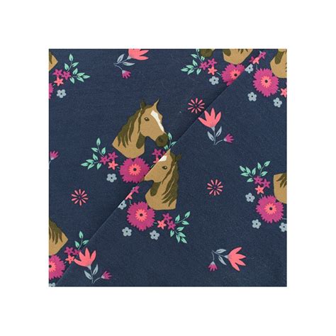 Vendu par coupon de 50 cm x 55 cm. Tissu jersey Cheval - Marine