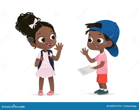 African American Schoolkids Saying Goodbye Flat Vector Illustration
